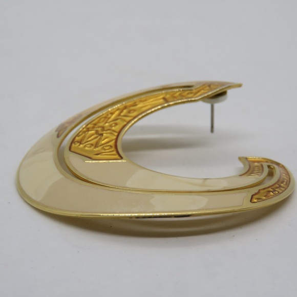 Vintage Edgar BEREBI Designer Enamelled Gold Foil Earrings Cream Swirl 1990s - Picture 3 of 7